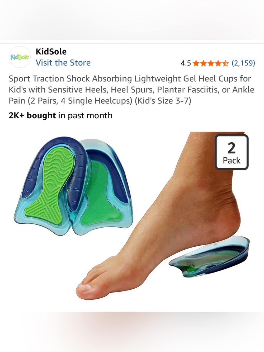 KidSole Gel Heel Cups - Blue & Green Shock Absorbing Inserts
